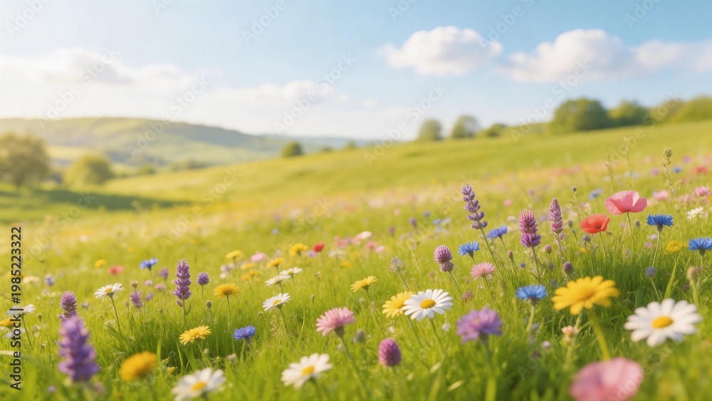 Fototapeta premium A picturesque summer landscape featuring a vast field of colorful wildflowers including daisies and lavender. Rolling green hills and a blue sky with soft clouds in the background under bright sunligh