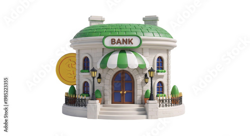 A miniature toy bank building with green roof and white walls stands on a surface.