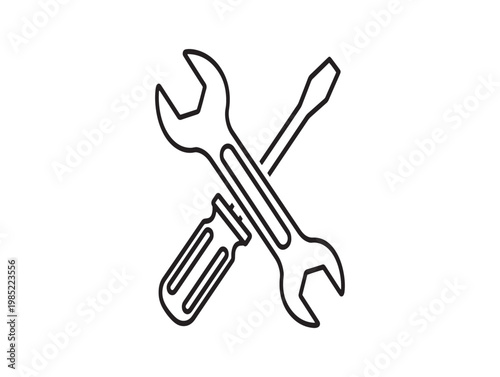 Crossed tools a black and white illustration of a wrench and screwdriver