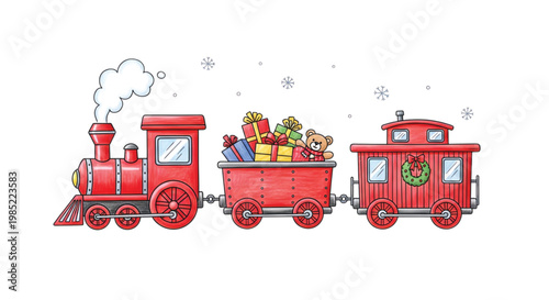 A festive red train with steam transports gifts on a snowy day outside