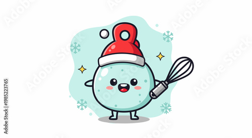 Cute cartoon round blue character wearing Santa hat holding whisk.