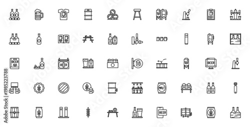 Beer icon set. Vector illustration pack featuring manufacturing, mug, keg, barrel, tap, bottle, bar, wheat, malt and more brewing related items.