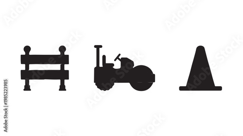 Road construction icons set with fence, tractor, and cone