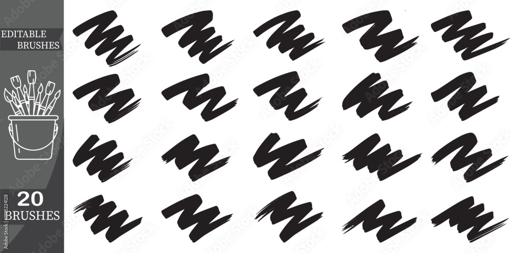 Fototapeta premium Editable vector brushes, 20 black brush strokes, digital art tools, customizable illustrations