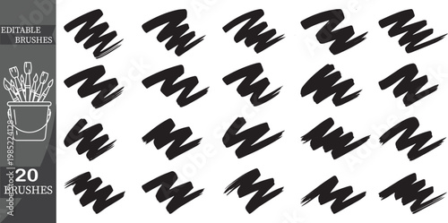 Editable vector brushes, 20 black brush strokes, digital art tools, customizable illustrations
