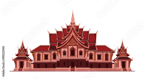 Ornate Traditional Thai Temple Architecture Illustration, Buddhist Landmark