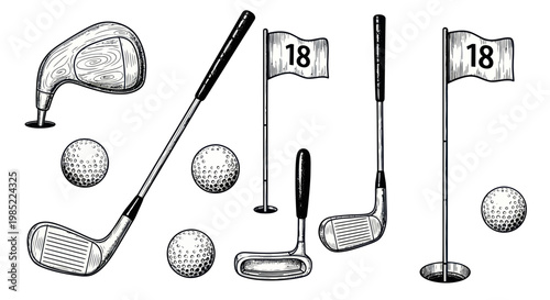 Golf Equipment and Flags: Vintage Sketch Illustration