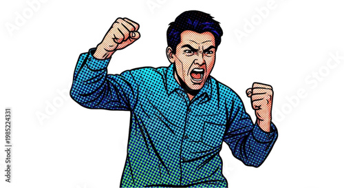 Angry man shouting with clenched fists in pop art style  