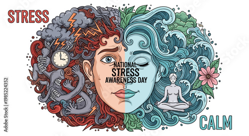 An illustration promoting National Stress Awareness Day showcases a split face, with one side depicting chaos and stress, complete with storm clouds and clocks, while the other side