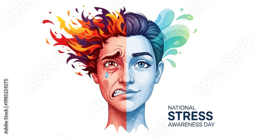 Illustration promoting National Stress Awareness Day, featuring a split face with one side engulfed in flames and the other in cool blue tones, set against a clean white background