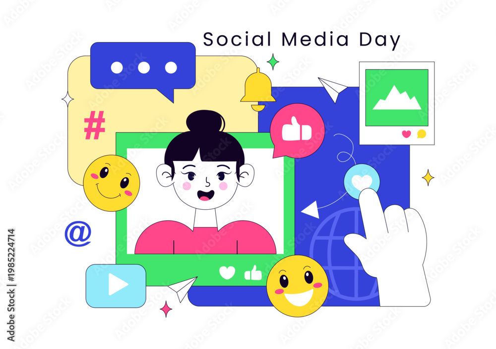 Fototapeta premium Social Media Day Vector Illustration Digital Communication Concept With Smartphone Notifications Chat Emojis And Online Network Interaction Design