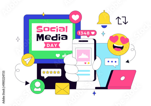 Social Media Day Vector Illustration Digital Communication Concept With Smartphone Notifications Chat Emojis And Online Network Interaction Design