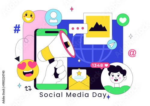 Social Media Day Vector Illustration Digital Communication Concept With Smartphone Notifications Chat Emojis And Online Network Interaction Design