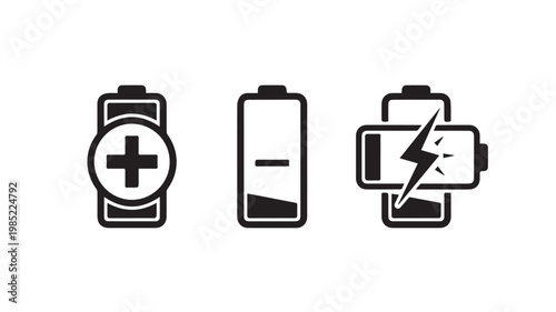 Battery icons with charging, low power, and lightning symbols