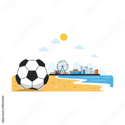 A soccer ball resting on a sandy beach with a simplified boardwalk and Ferris wheel in the distance, capturing the coastal vibe of the host cities. minimalist flat vector artwork, clipart style,