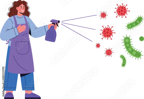 Woman wearing protective gear sprays disinfectant killing germs and viruses
