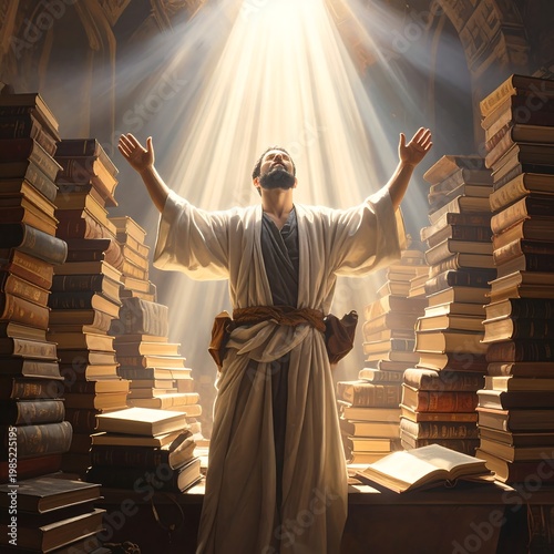 A man in a white robe stands with arms raised in a library
