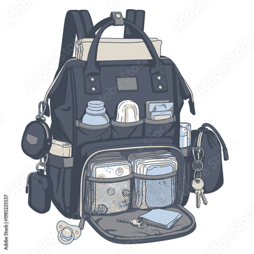 Black Diaper Bag With Organizer Pockets.