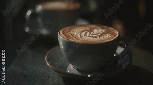 Close-up of a beautifully crafted latte art design in a ceramic cup creating a warm and inviting atmosphere for coffee lovers and cozy moments