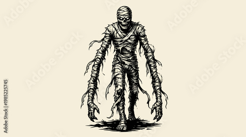 Creepy mummy monster with eerie wrapped body and haunted pose