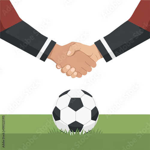 A close-up minimalist shot of two players from different teams shaking hands over a soccer ball on the grass, symbolizing fair play and friendship, clean and professional, minimalist flat vector