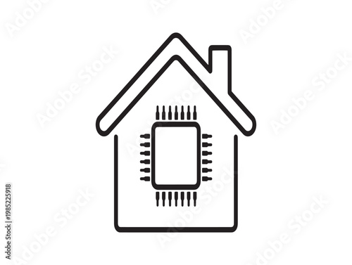 Black and white line drawing of a house with a microchip inside