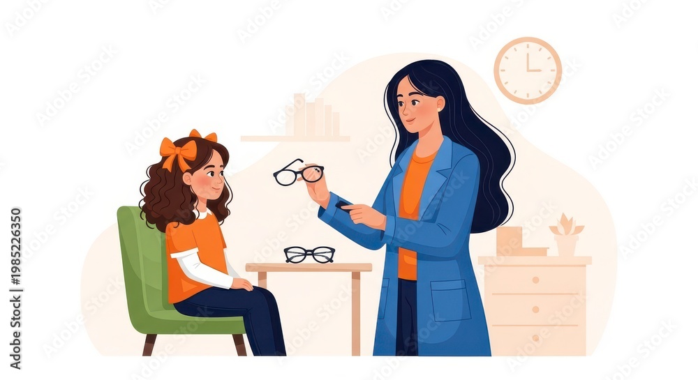 Fototapeta premium Optometrist conducting eye exam on young girl in bright modern clinic with warm lighting
