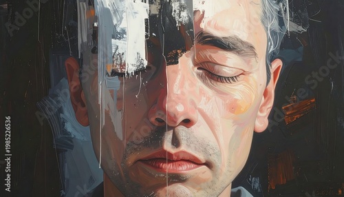 A man's face with closed eyes and a subtle smile, abstract background