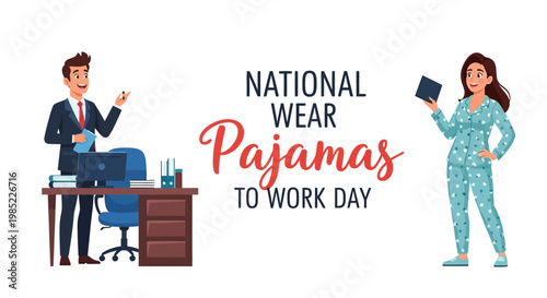 A man in a suit standing near an office desk and a woman in pajamas holding a pillow celebrate National Wear Pajamas to Work Day in a fun vector illustration with a relaxed and humorous