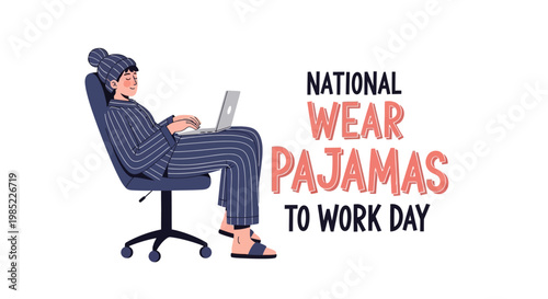 A woman in sleepwear is depicted using a laptop while sitting on an office chair in a vector illustration promoting National Wear Pajamas to Work Day with a humorous business concept, set