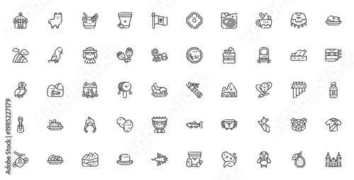 Peru icon set. Vector illustration pack featuring Machu Picchu, Llama, Ceviche, Nazca Lines, Poncho, Condor and more Peruvian symbols and elements.