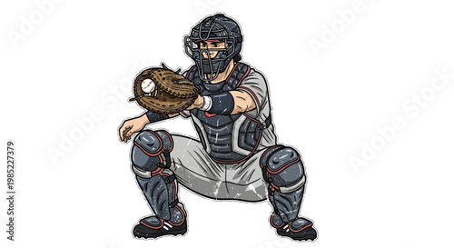 Baseball catcher in defensive stance, wearing protective gear and glove, isolated on white background