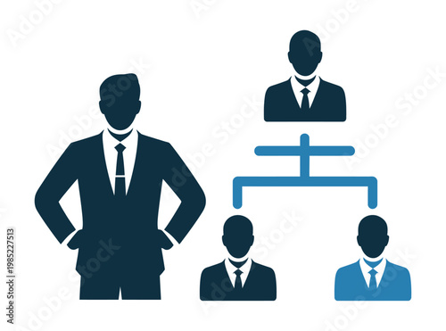 Colorful vector depicting a hierarchical organizational chart with businesspeople in suits