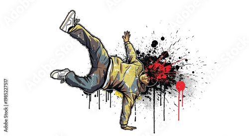 Breakdancer performs move with paint splatters