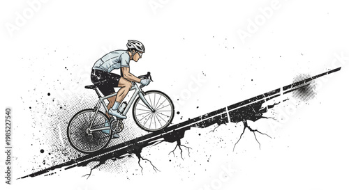 Cyclist racing uphill with dynamic grunge background