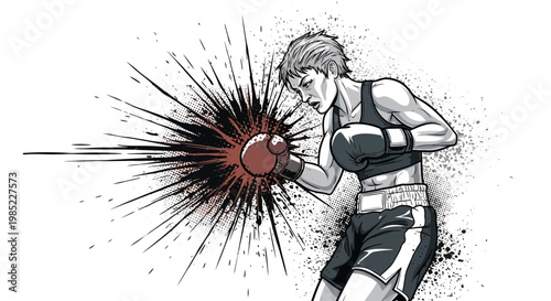 Female boxer throws punch with explosive impact effect on white background