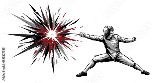 Fencer attacking with sword, abstract explosion effect