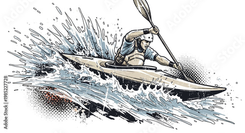 Kayaker paddling through white water rapids