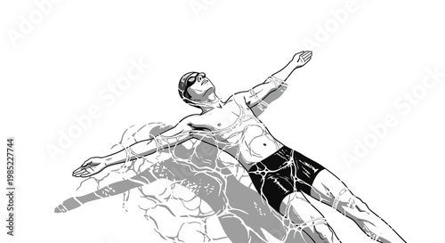 Man floating on back in pool, arms outstretched, white background