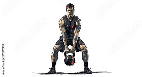 Man performing kettlebell swing exercise, fitness illustration