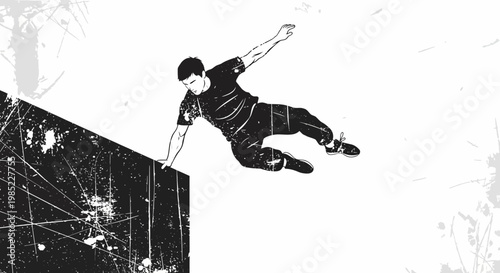 Man jumping over wall, parkour, urban sport, black and white, dynamic action