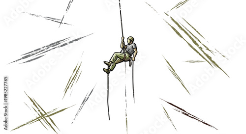 Man rappelling down a rope with abstract lines in background