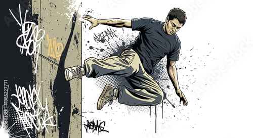 Man performing parkour jump over wall with graffiti art