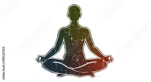 Silhouette of person meditating in lotus pose, cracked texture, gradient colors