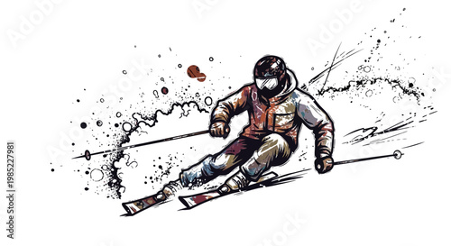 Skier racing down snowy slope with dynamic splashes and lines