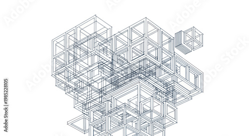 Abstract geometric structure, wireframe cubes network, futuristic architectural concept