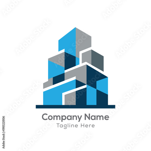 Abstract geometric blue and grey skyscraper building logo on a white background