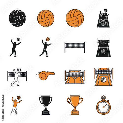 Volleyball Sport Icons Set: Balls, Players, Net, Court, Whistle, Trophy, Stopwatch