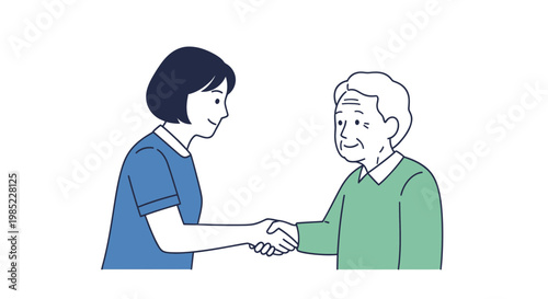 Caring hand, young woman shakes hands with elderly man, support and connection