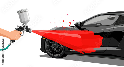Car painting process with spray gun, automotive repair, custom paint job